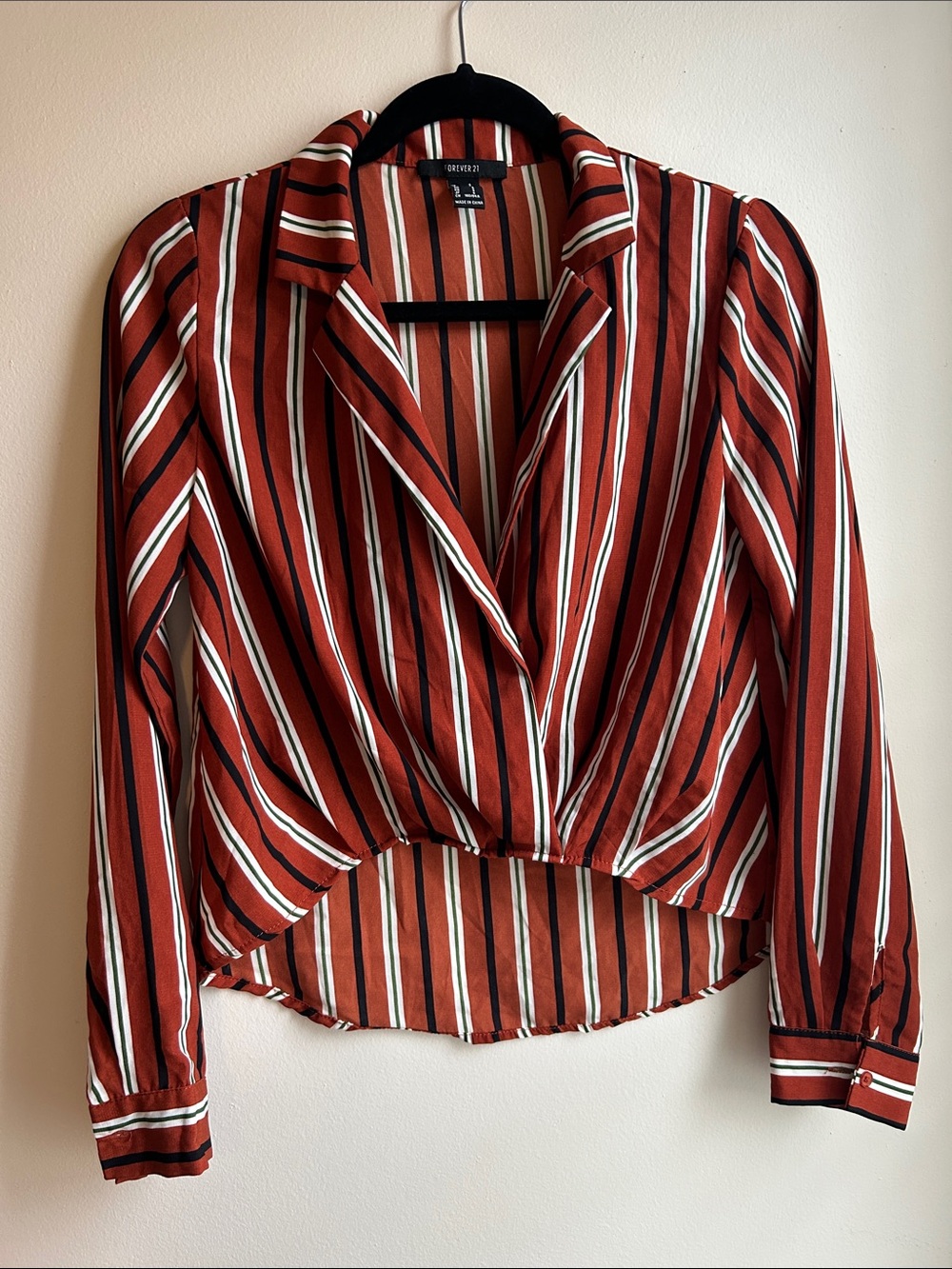 Forever 21 Rust, White & Black Striped, collar, long sleeve button cuff